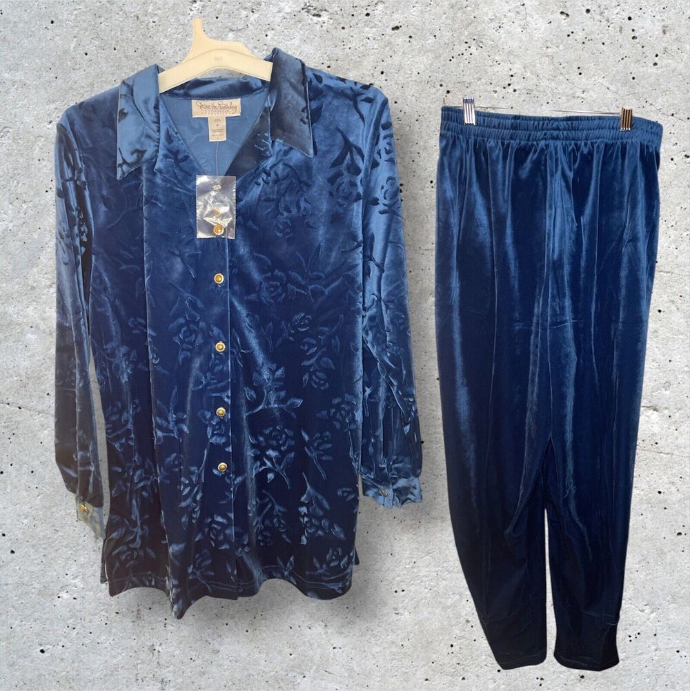 Diane Von Furstenberg The Color Authority Velour Pajama Set Blue New Women M NEW